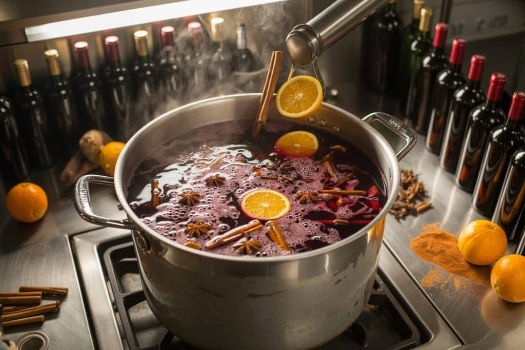 Grande marmite de vin chaud en préparation