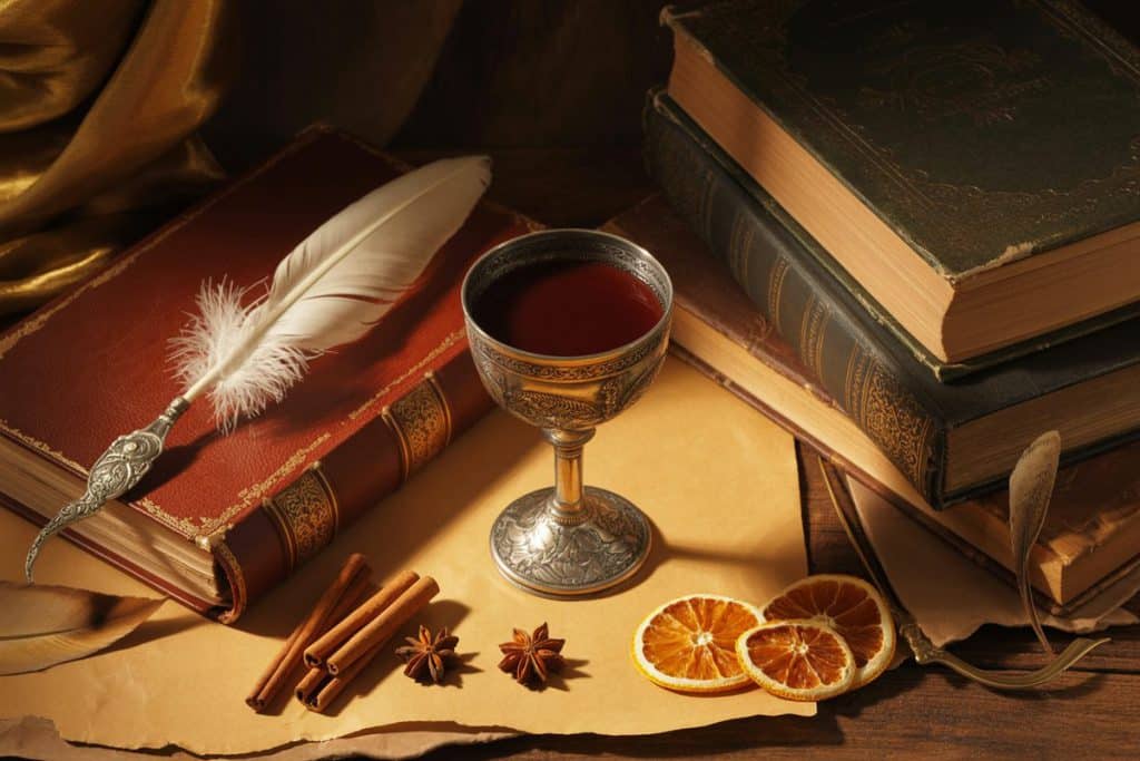 Gobelet antique de vin épicé avec livres anciens
