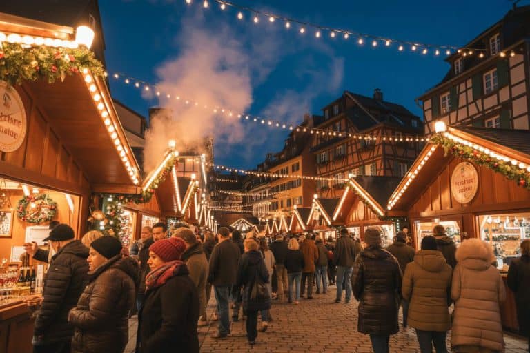 Marché de Noël alsacien de nuit avec stands de vin chaud