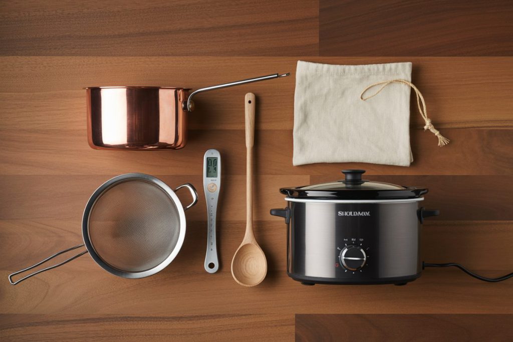 Matériel pour faire du vin chaud : casserole, thermomètre, passoire