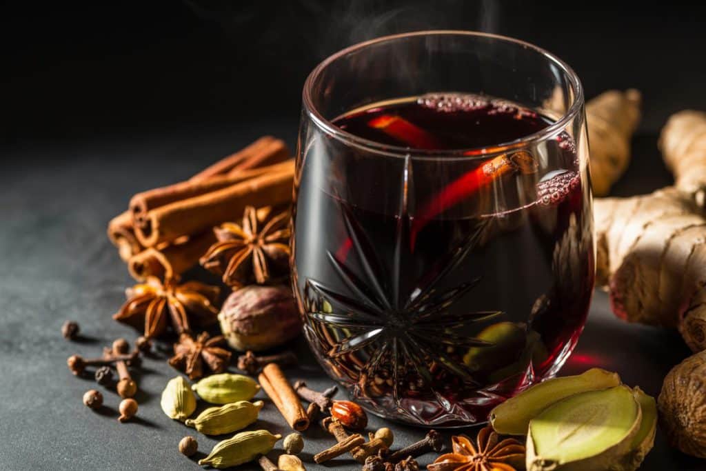 Vin chaud épicé intense entouré d'épices