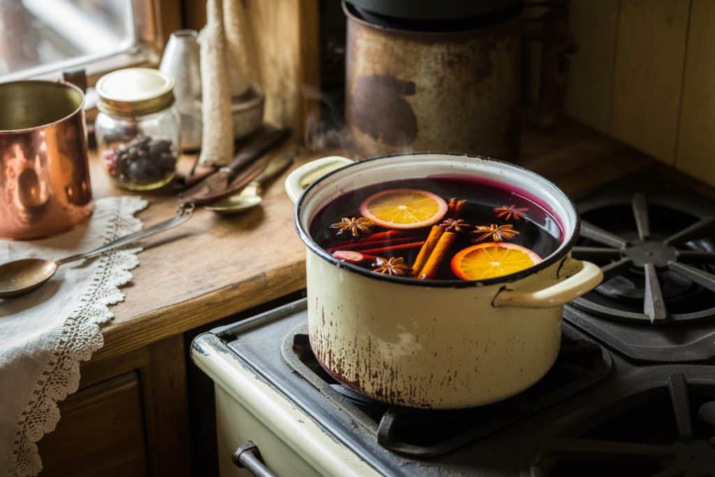 Vin chaud de grand-mère dans une casserole émaillée