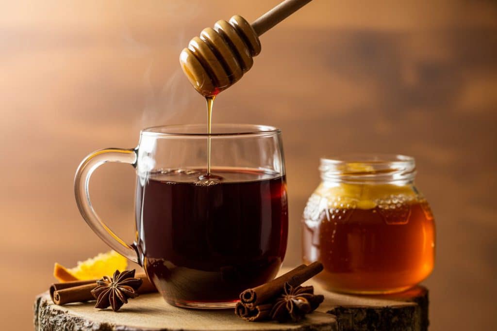Vin chaud au miel avec un filet de miel doré