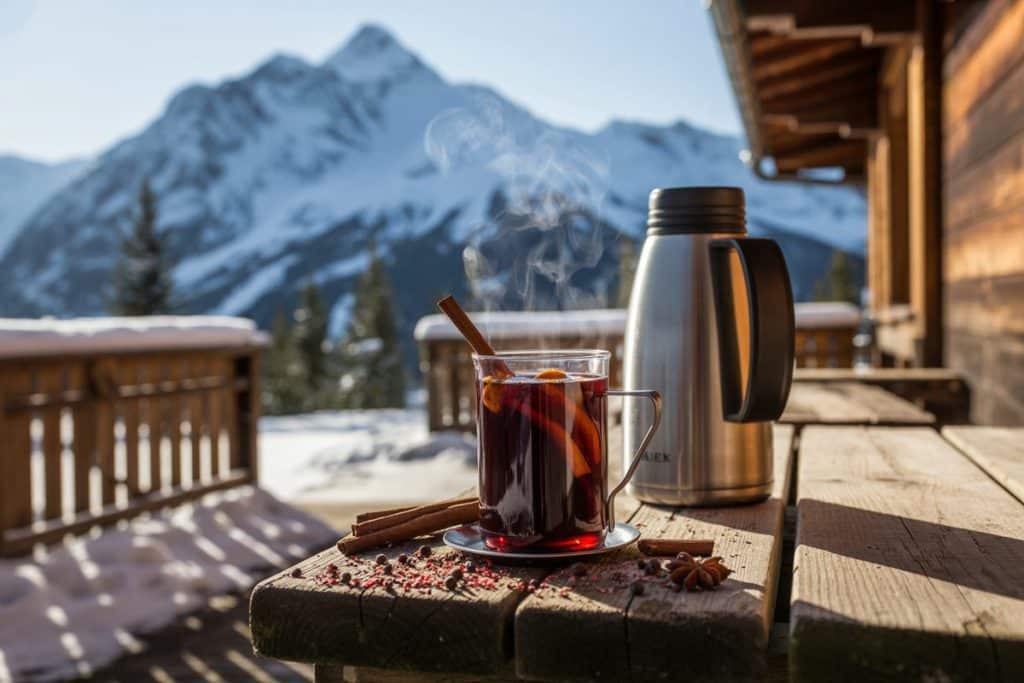 Vin chaud montagne dans un thermos avec neige