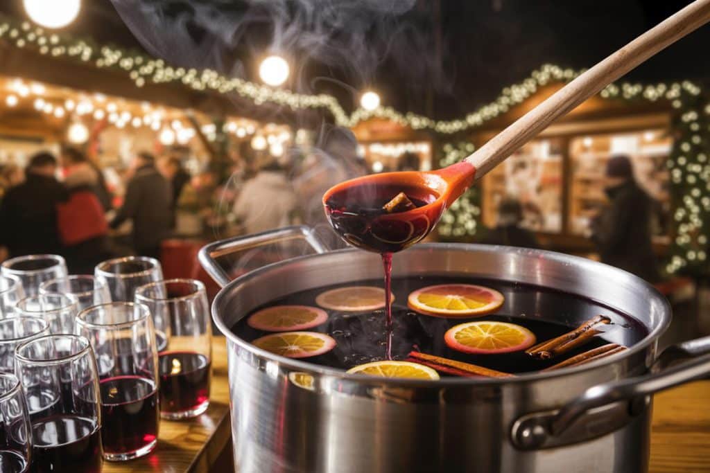 Grande marmite de vin chaud sur un marché de Noël