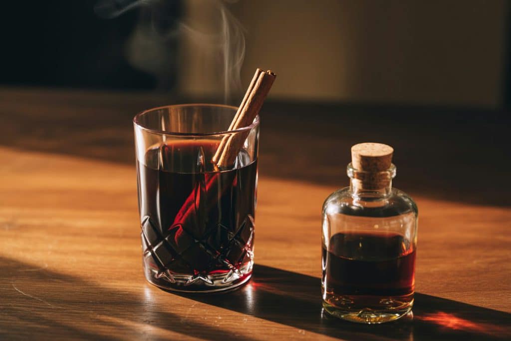 Vin chaud au rhum avec bouteille de rhum brun